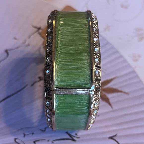 Vintage Green Enamel Gold Tone and Rhinestone Chunky Square Clamper Bracelet - Picture 5 of 8